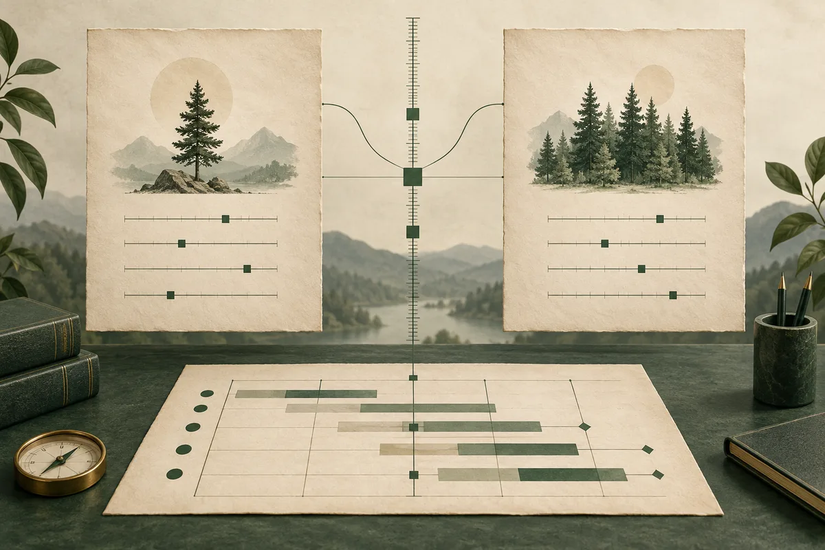 Two parchment report cards show a single tree and a group of trees above rows of green scale markers, connected by a central vertical scale. A larger comparison chart lies on a dark desk, with a compass, books, and pencils nearby; a lake and mountains appear in the background.