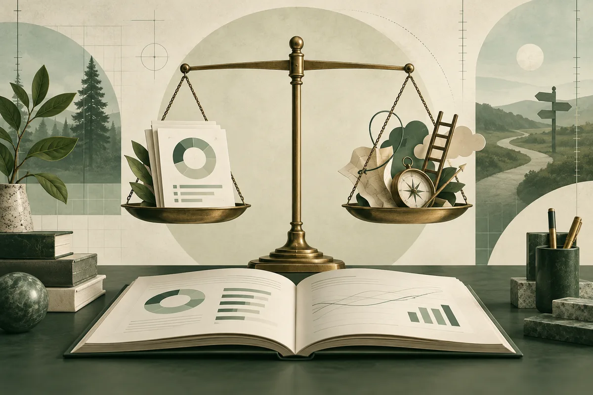 An open book with abstract charts sits beneath a brass balance scale holding a charted document on one side and leaves, a compass, a ladder, and map-like papers on the other.