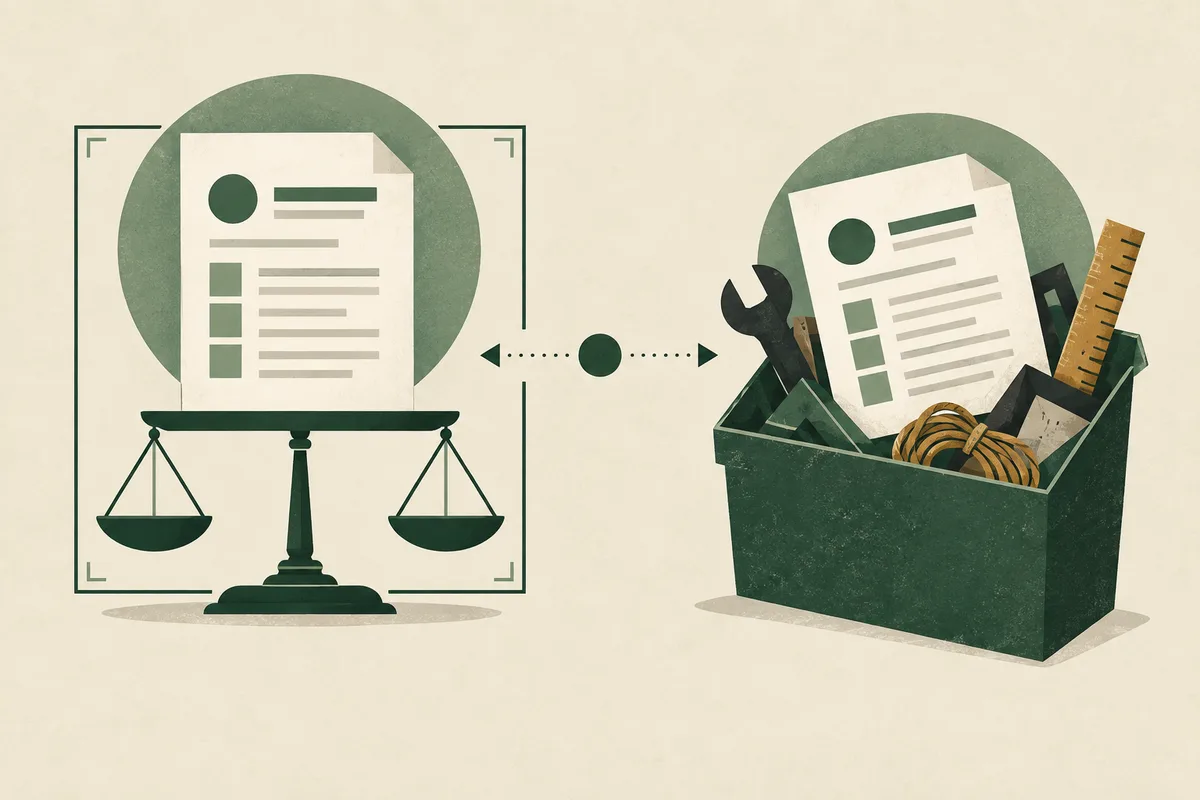 A stylized document rests on a balance scale at left, while another document sits in a green toolbox with a wrench, ruler, and coiled measuring tape at right, linked by dotted arrows.