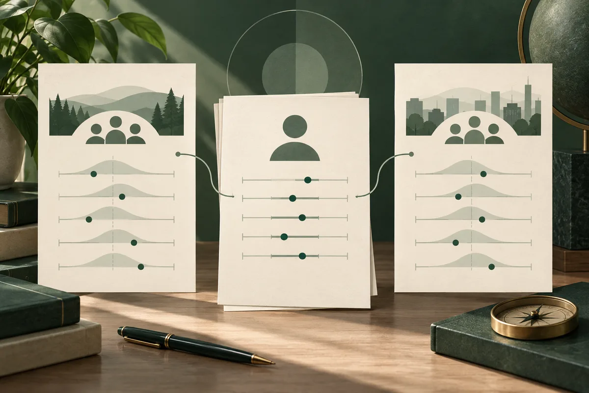 Three report sheets show a single person icon between groups pictured in a forest and a city, with rows of slider scales and dots; a compass and pen lie on the desk.