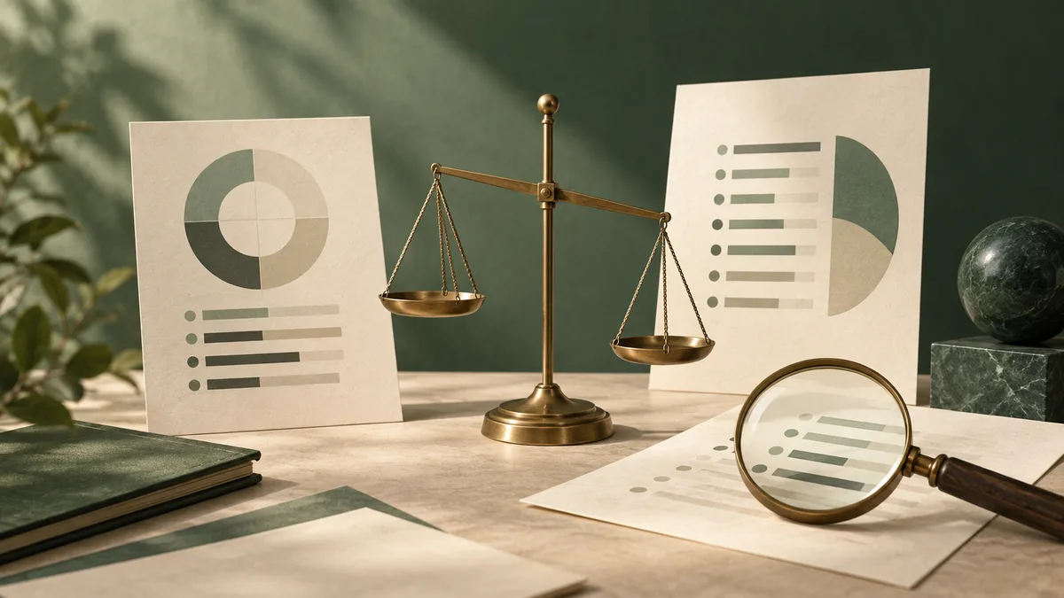 Two cream report pages with abstract charts sit beside a brass balance scale; a magnifying glass rests over another page on the desk.