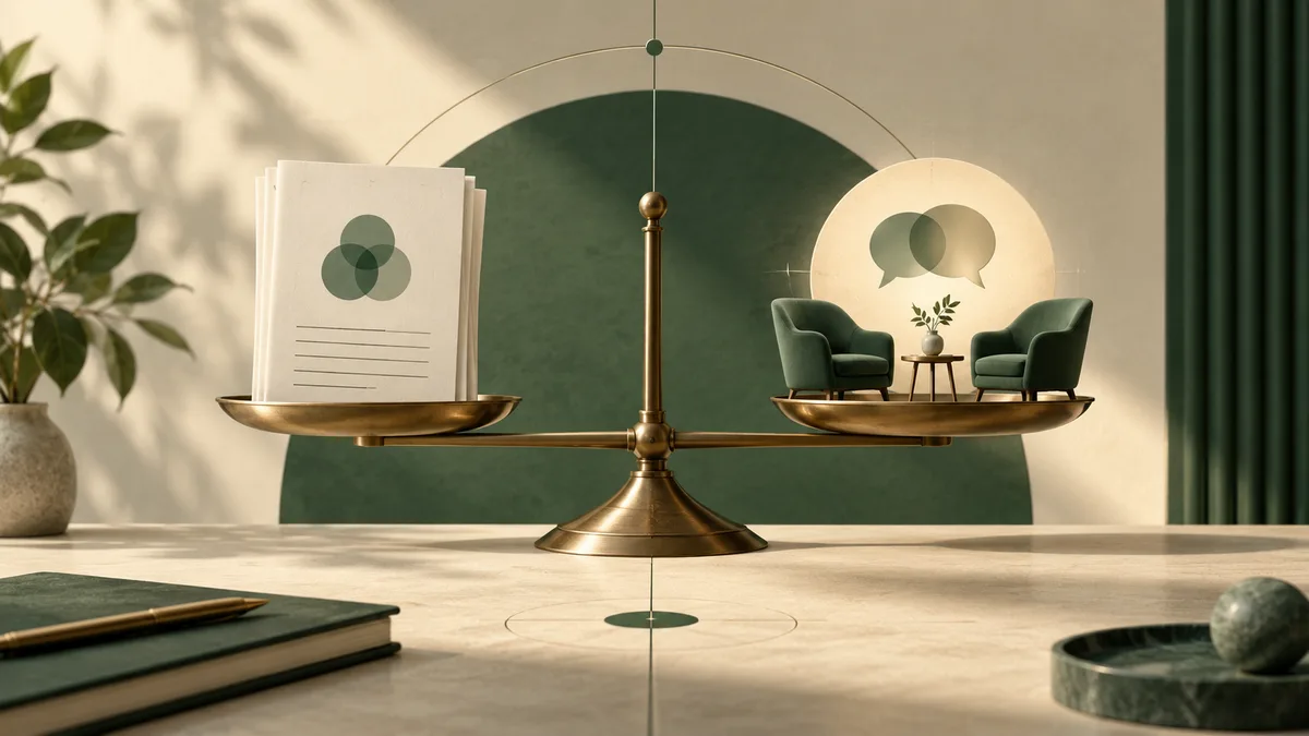 A balance scale compares report pages with two chairs beneath overlapping speech bubbles.