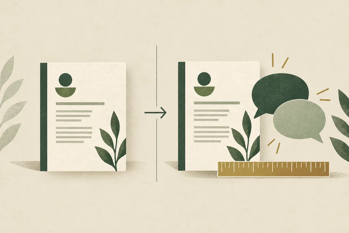 An arrow leads from a report page to another page beside speech bubbles and a ruler.
