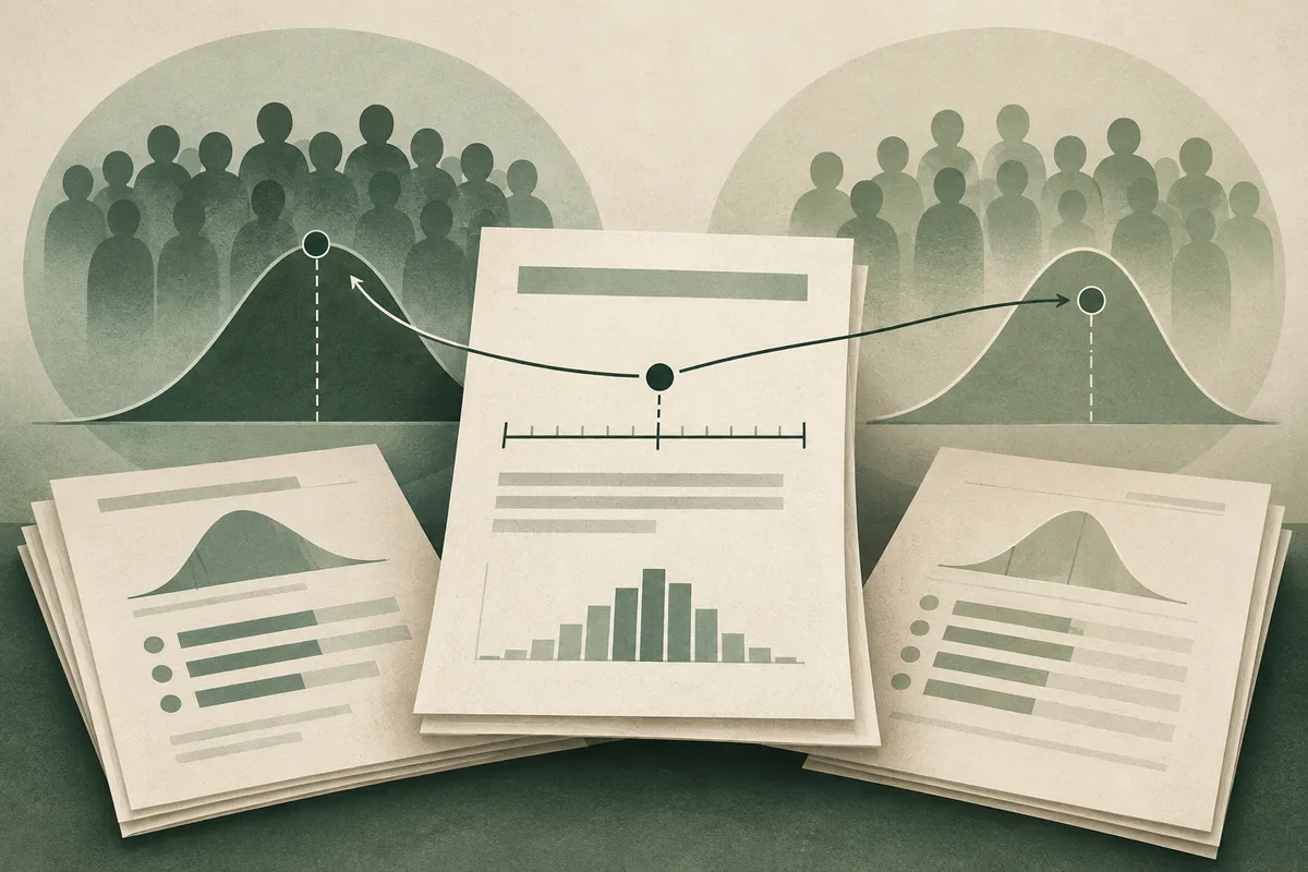 Three report pages with abstract charts and scales sit before two groups of silhouetted figures and curved distribution graphs.
