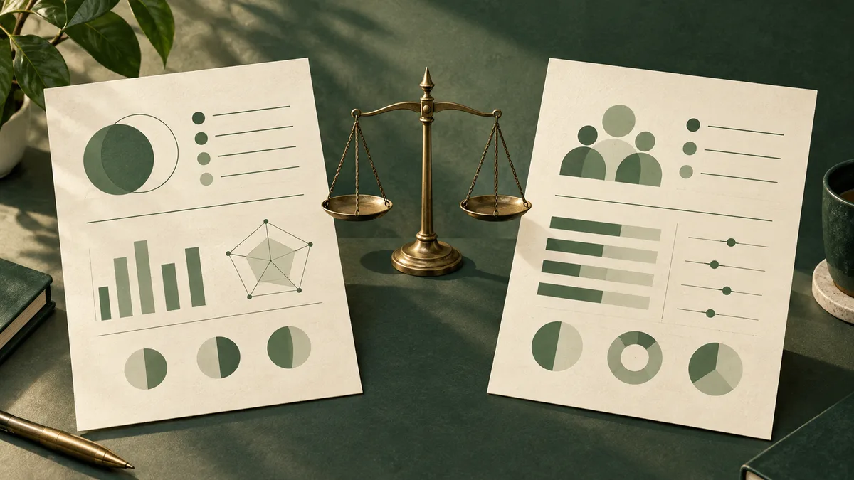 Two cream sheets with charts and simple person icons sit on a dark green desk, with a brass balance scale between them, leaves above, and a pen and cup at the edges.