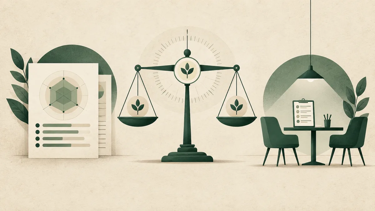 Green balance scale with leaf symbols between report pages showing a chart and a desk with a clipboard and chairs.