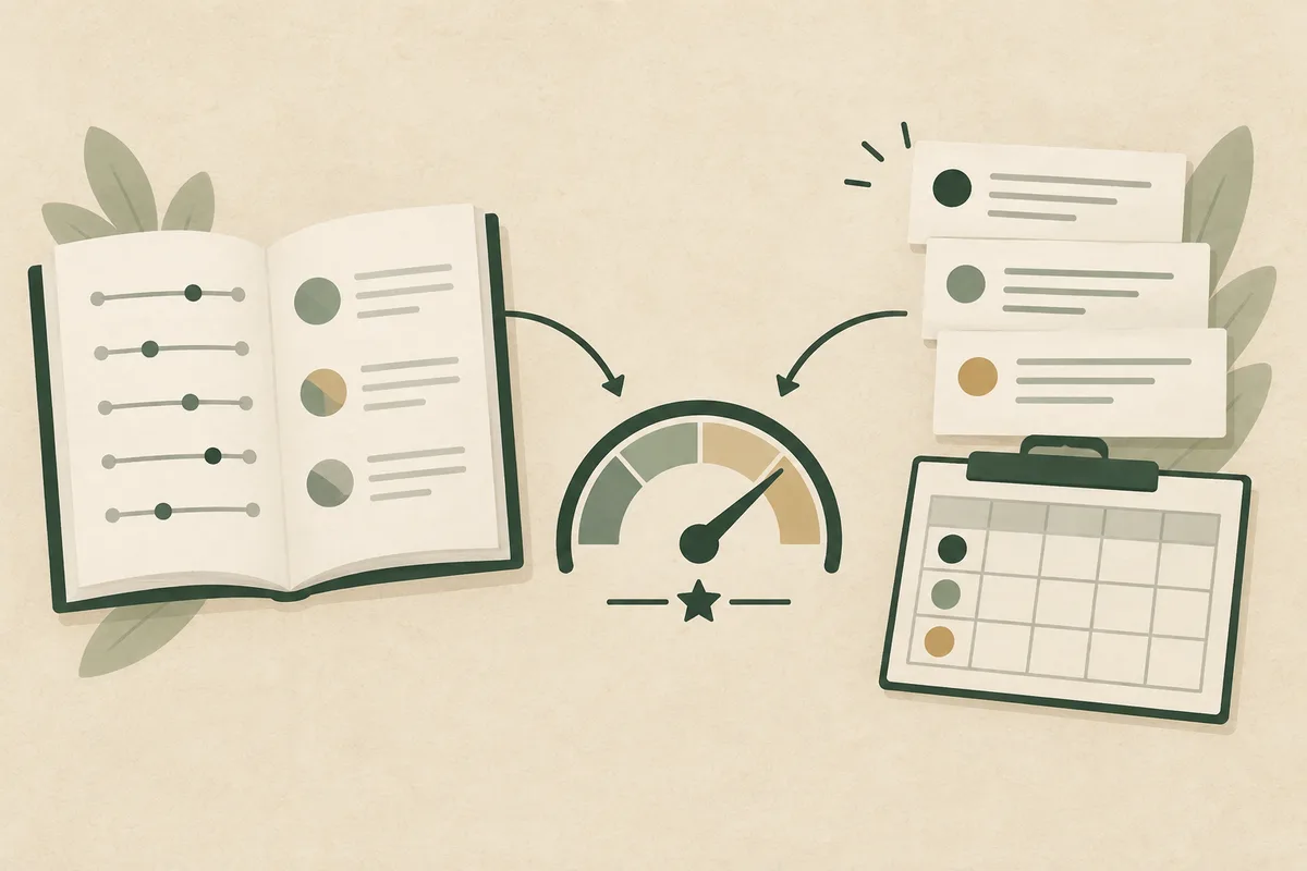 Open book with slider scales, arrows pointing toward profile cards, and a gauge beside a clipboard grid.