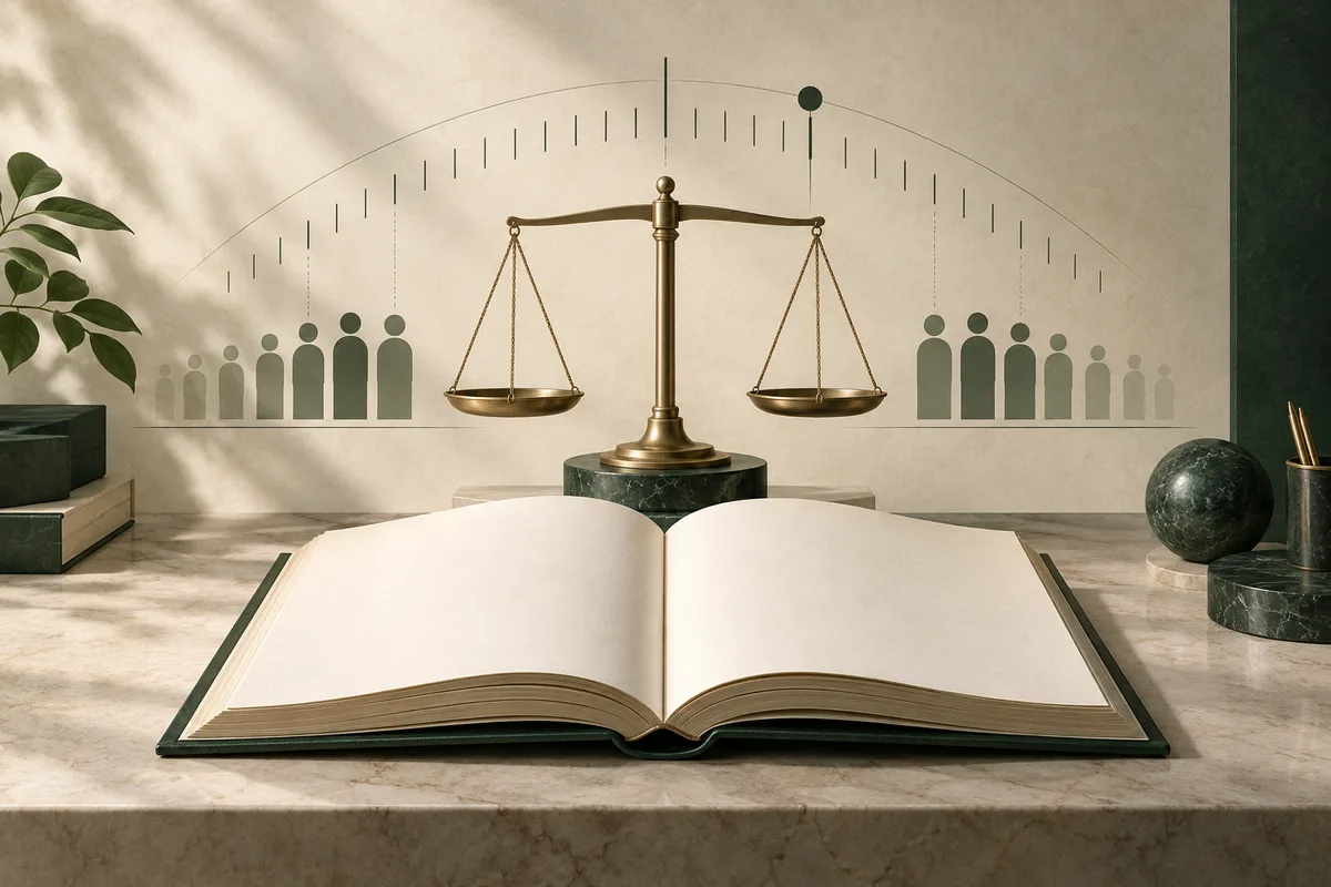 An open book sits beneath a brass balance scale, with rows of human-shaped icons and a curved measurement line on the wall behind it.