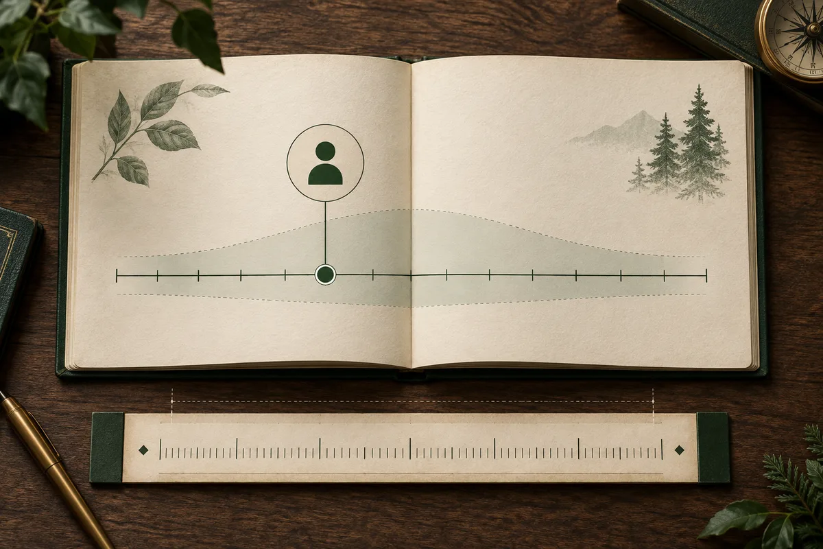 An open book displays a green person icon above a horizontal measurement line and shaded curve, with a ruler below.