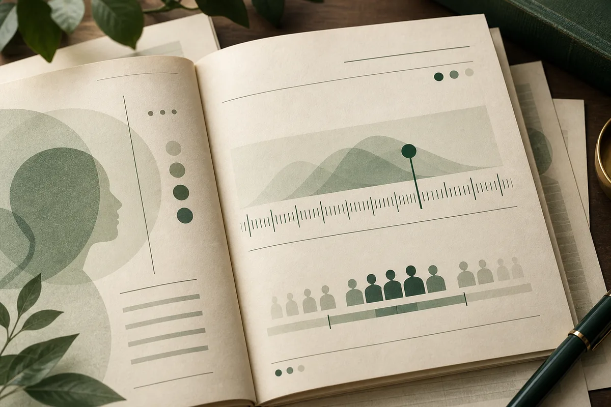 An open book shows a side-profile silhouette beside layered curves, a marked measurement scale, and a row of human-shaped icons.