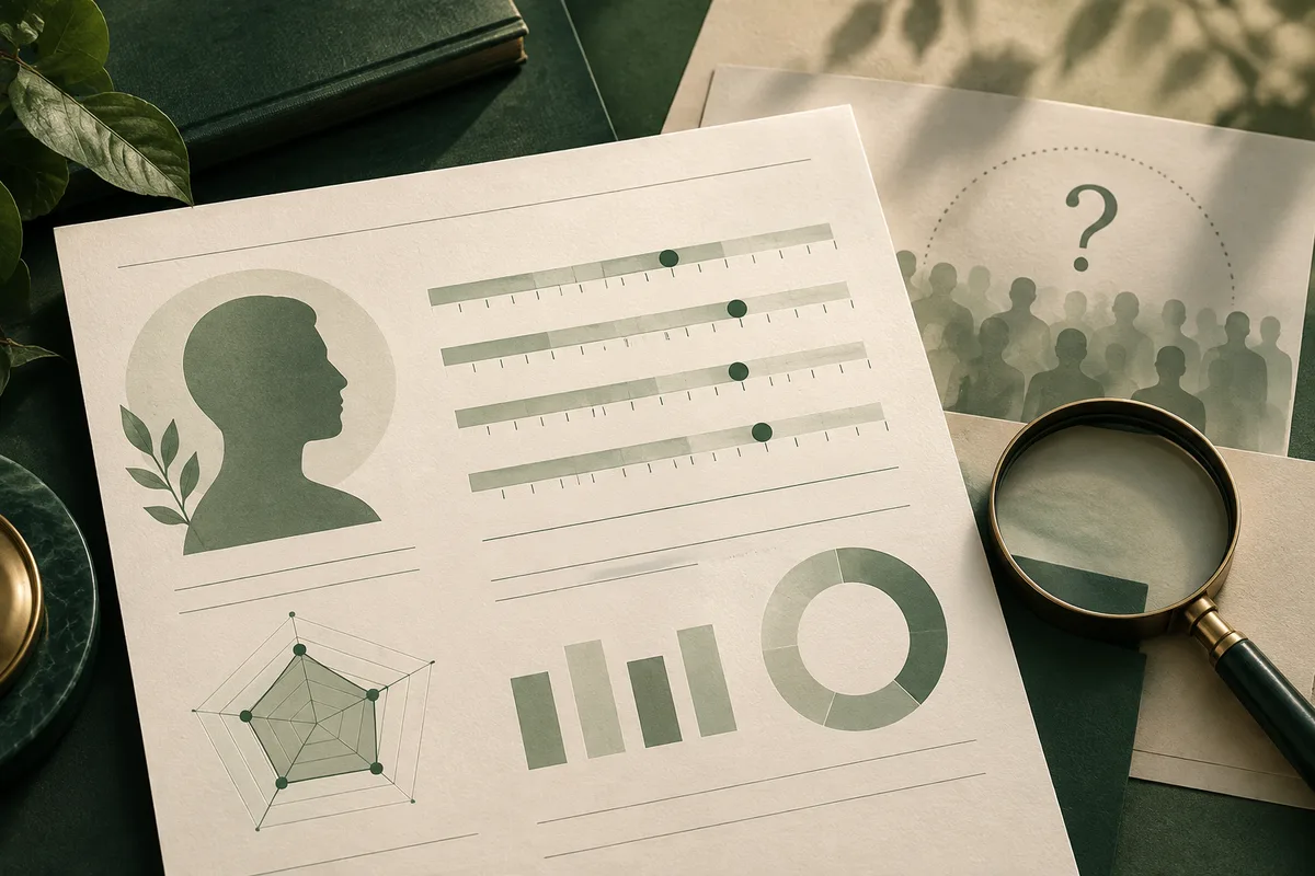 A paper report shows a profile silhouette, four marked horizontal scales, a radar chart, bar chart, and ring chart beside a magnifying glass and question mark.