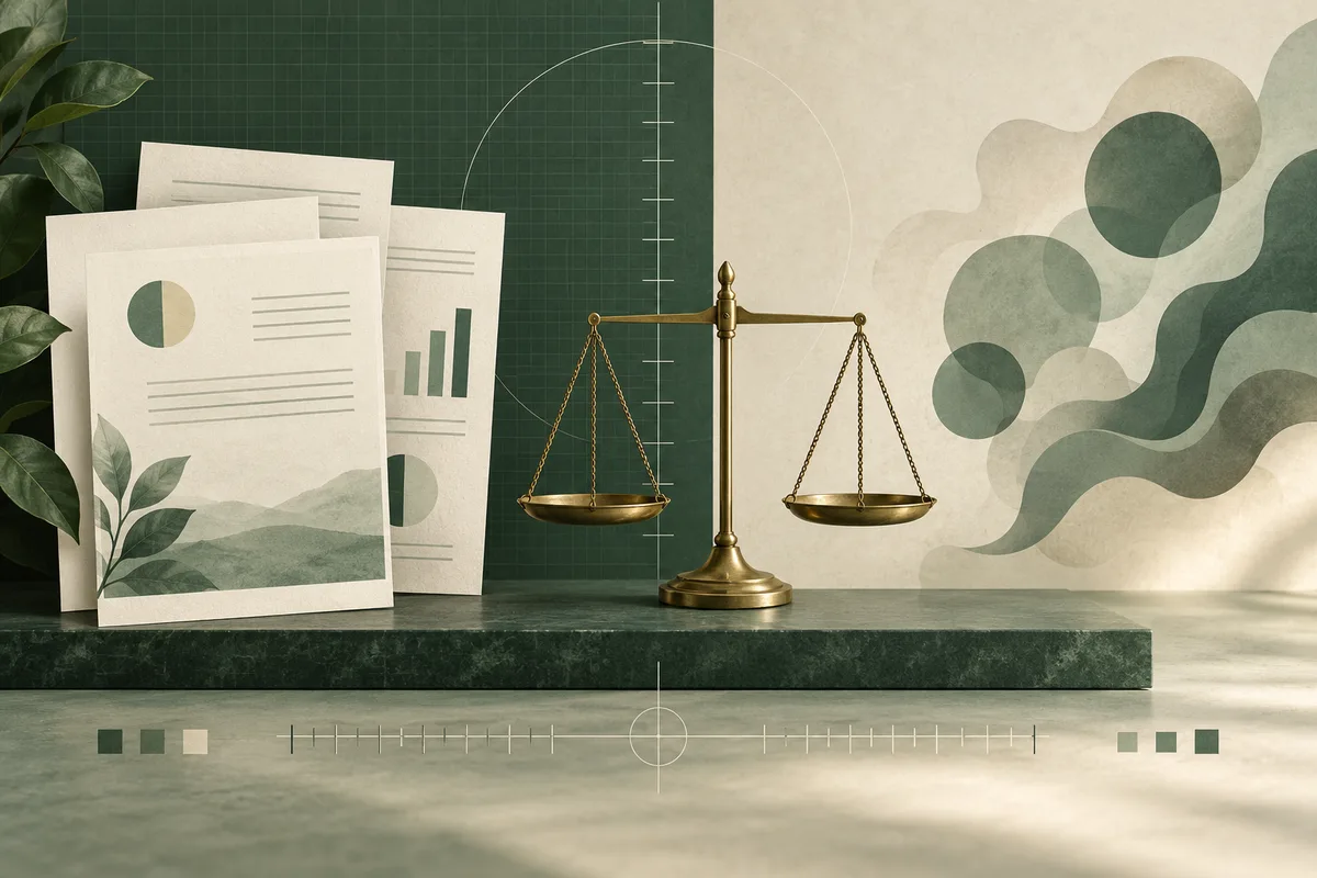 Report pages with simple charts sit beside a brass balance scale, against a dark green grid and abstract green shapes.
