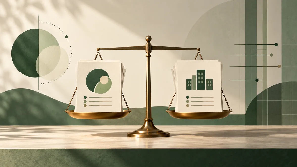 A brass balance scale holds report pages with circular and building-shaped graphics, against a cream and green geometric background.