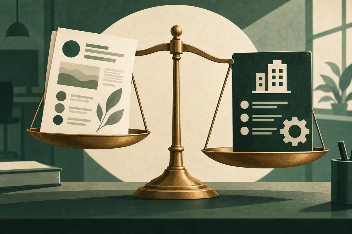 A brass balance scale holds a pale report page with abstract graphics and a dark green card showing building and gear icons.