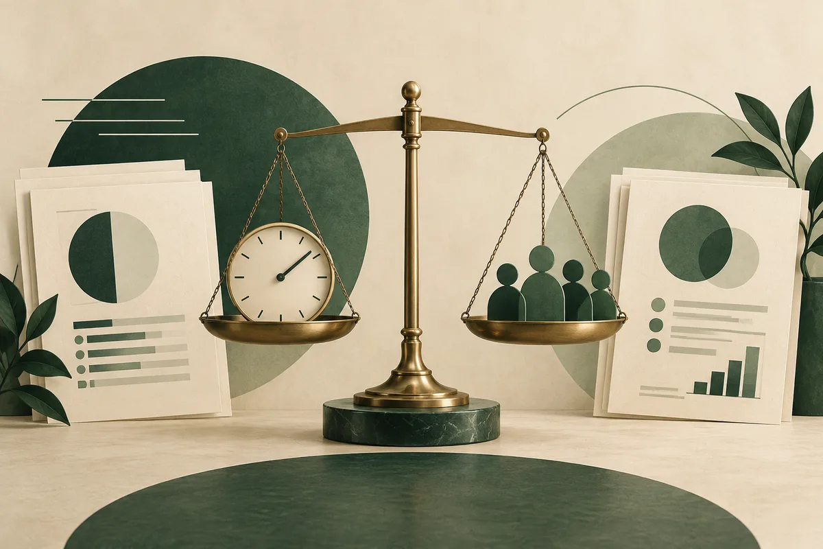 A brass balance scale holds a clock on one side and four person-shaped figures on the other, between report pages with charts and diagrams.