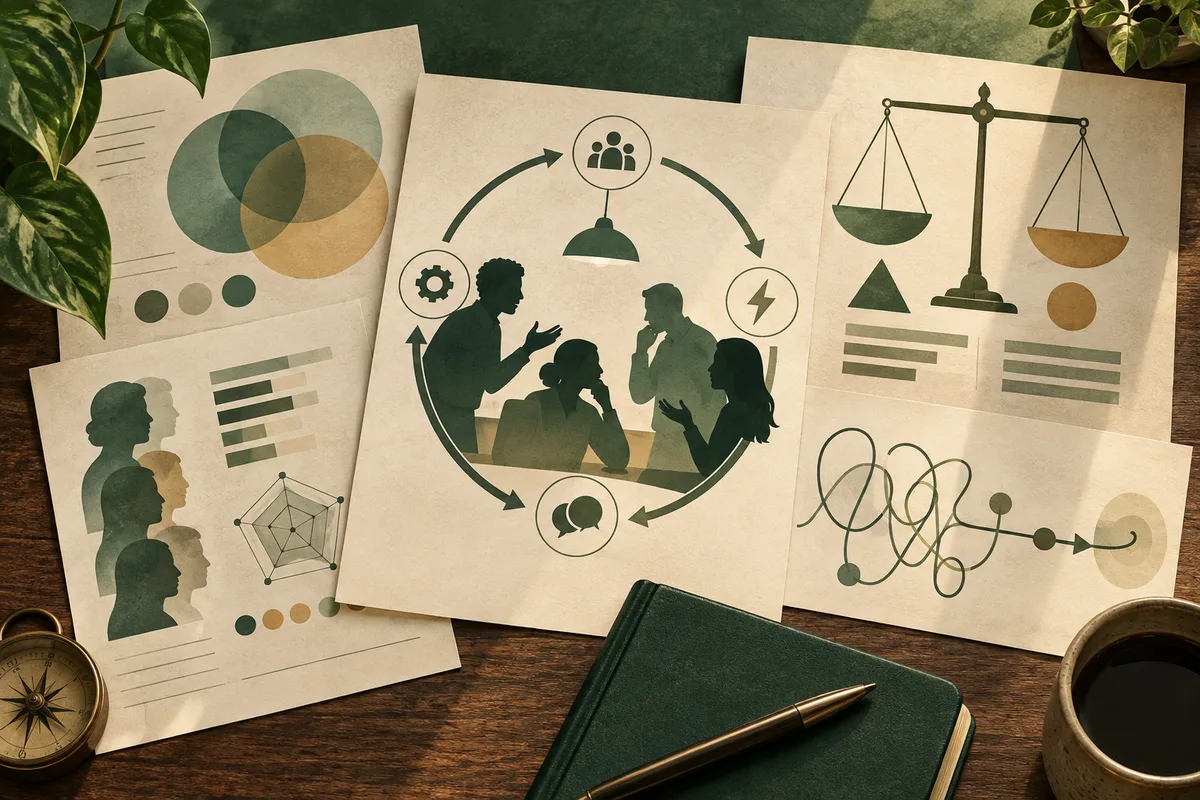 Cream report sheets on a wooden desk show silhouetted people around a table, profile shapes, charts, a balance scale, and looping lines; a dark green notebook and pen sit in front.