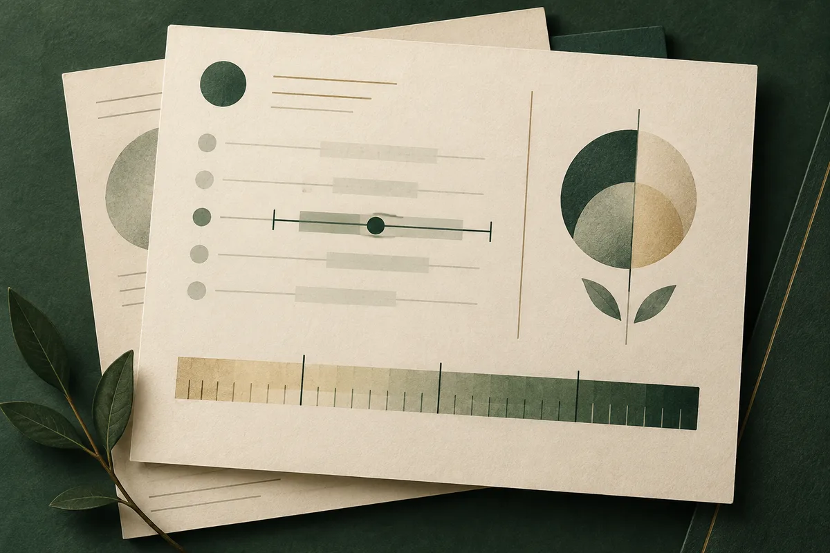Overlapping cream pages show abstract horizontal markers, a segmented circle, and a shaded scale, with leafy branches on a dark green background.