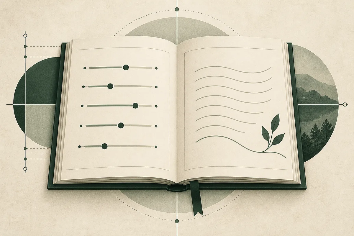 An open book with horizontal measurement lines and dots on the left page, flowing lines and a leafy branch on the right, surrounded by geometric circles and a forest scene.