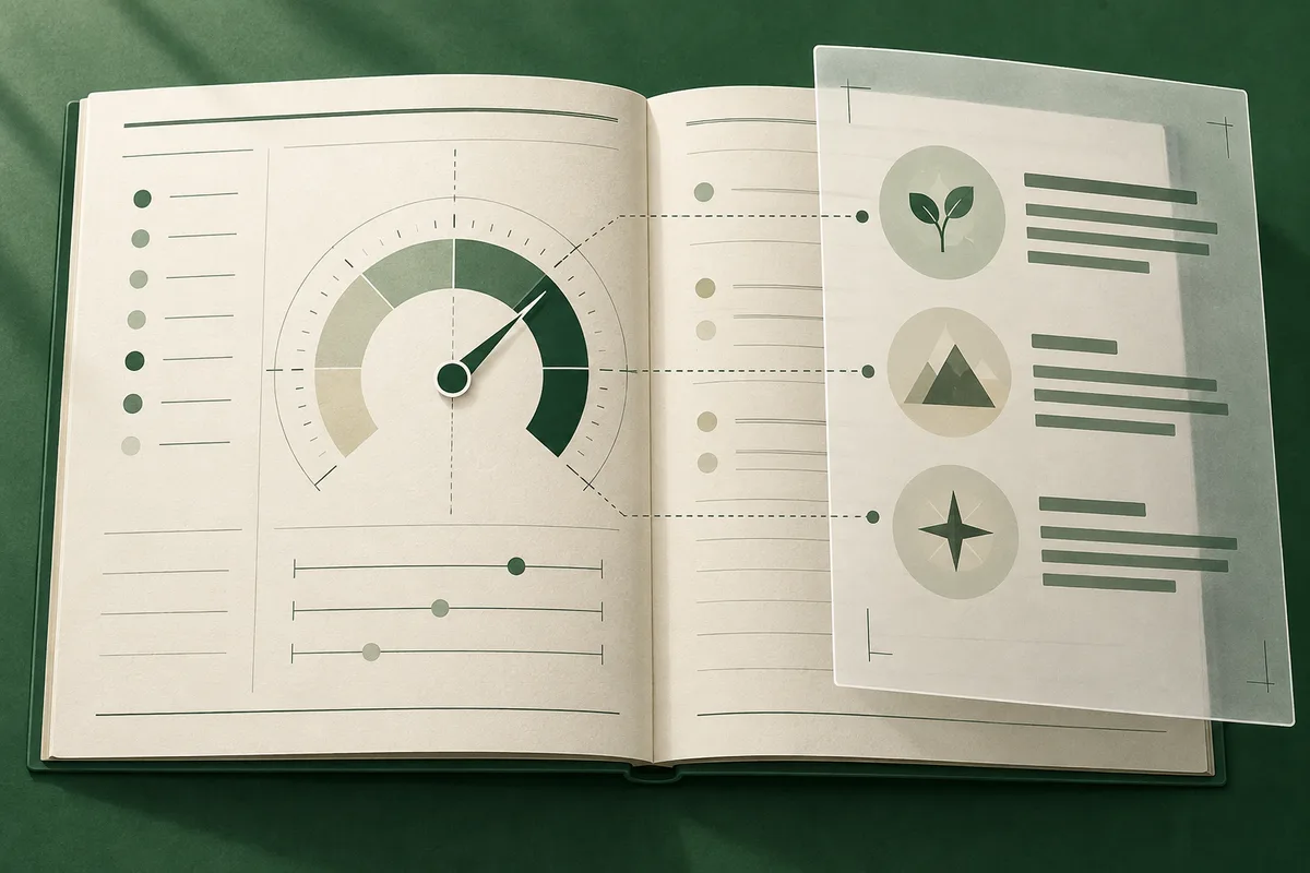 An open book displays a segmented gauge, colored dots, and horizontal scales; a translucent panel beside it shows leaf, mountain, and compass-like icons with bars.