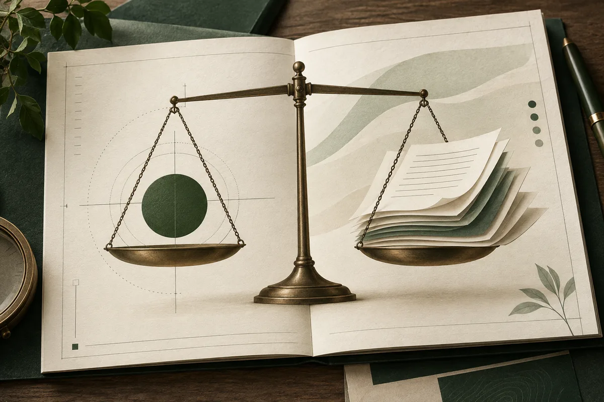 A brass balance scale rests across an open book, with a green circle in the left pan and a stack of papers in the right pan.