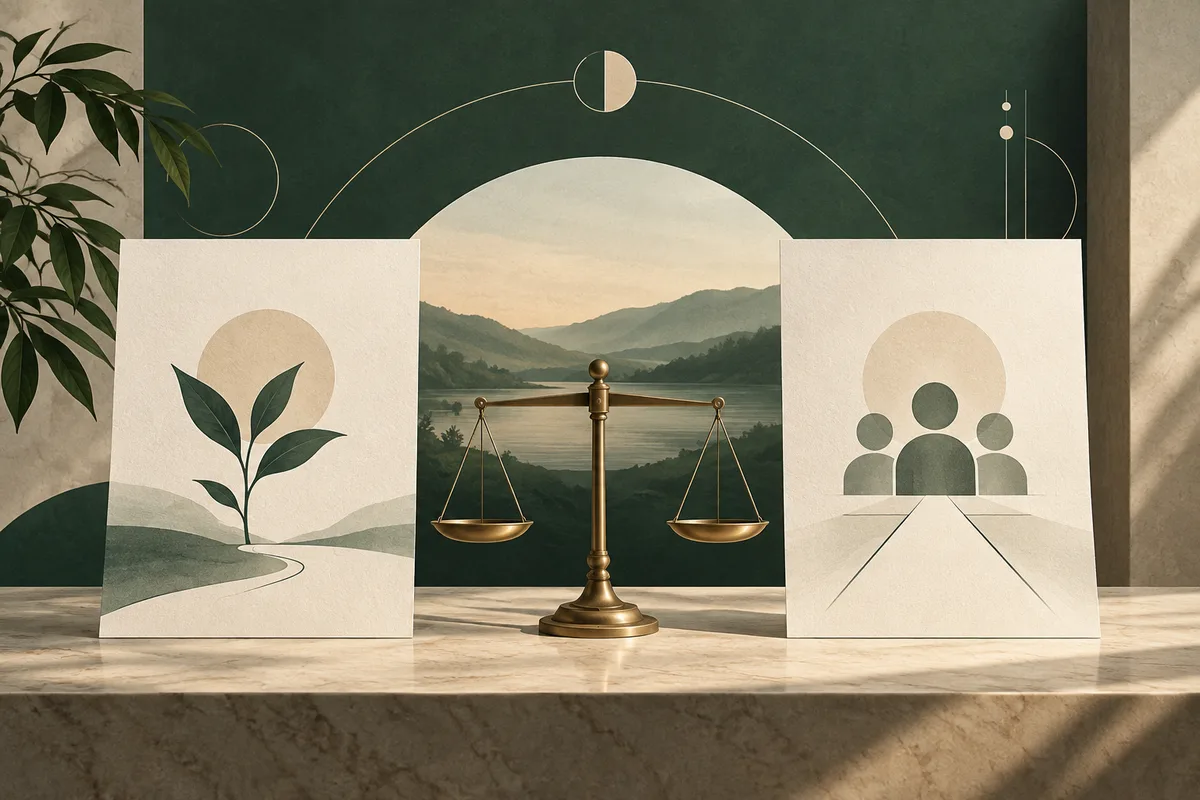 A balance scale stands between two cream panels: one shows a growing plant, and the other shows three simplified figures beside a path, with a green lake and hills behind them.