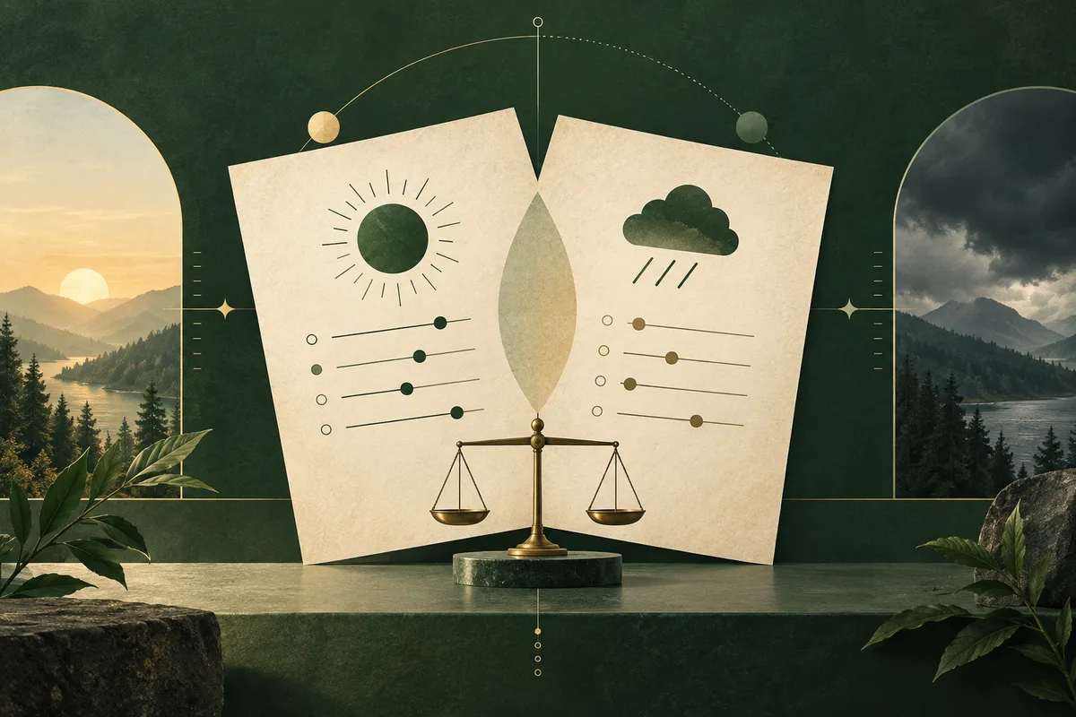 Two cream report pages with sun and cloud symbols and rows of dots flank a balanced scale, against a dark green landscape with a warm sunrise on the left and a cloudy sky on the right.