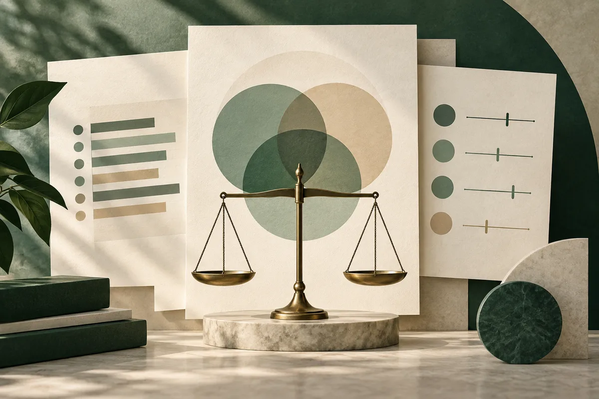 A brass balance scale stands on a marble base before overlapping green and beige circles on paper sheets, with simple bars and dots on surrounding pages.
