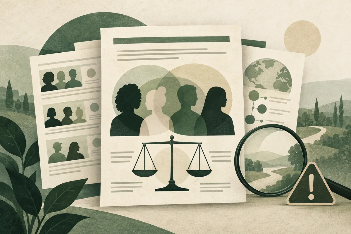 An illustrated report shows five overlapping human silhouettes, a balance scale, profile sheets, a globe, a magnifying glass, and an exclamation mark.