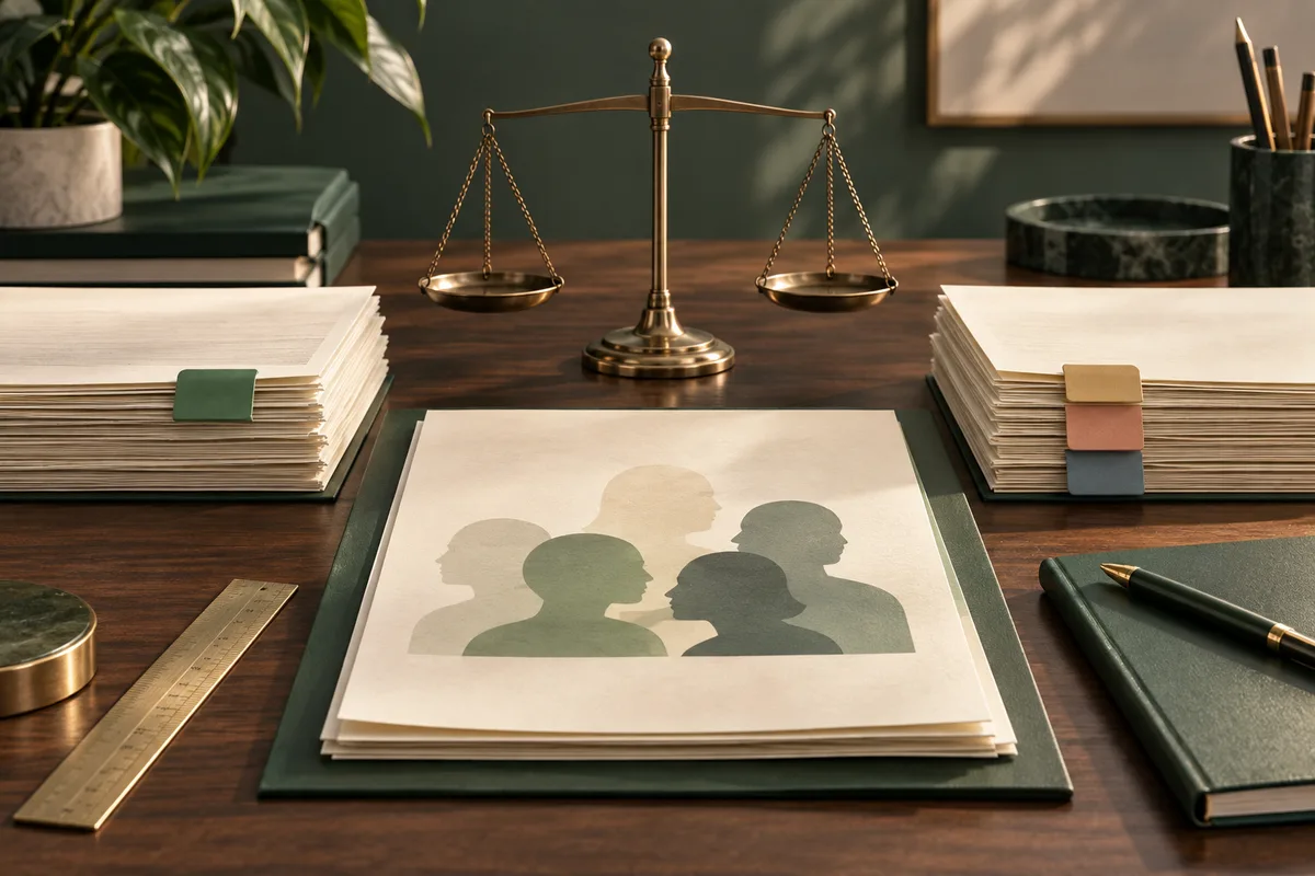A brass balance scale sits behind a paper showing five overlapping profile silhouettes, with stacks of papers, books, a ruler, and a pen on a wooden desk.