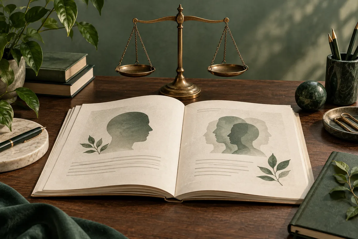 An open book displays a large profile silhouette on one page and several overlapping profile silhouettes on the other, with leaves and a balance scale nearby.