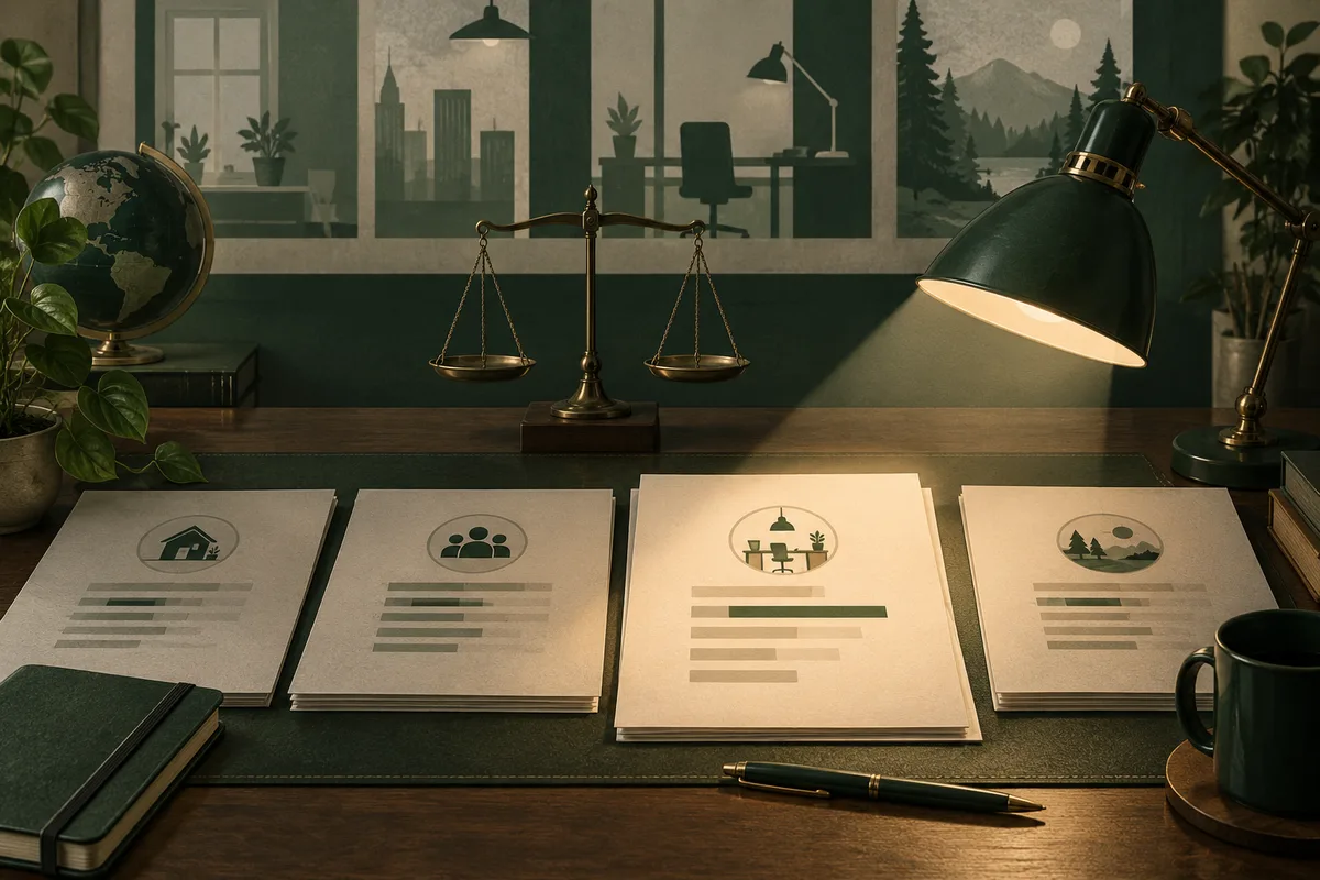 Four report pages with simple icons and bar graphics sit on a desk beneath a brass balance scale and a lit lamp.