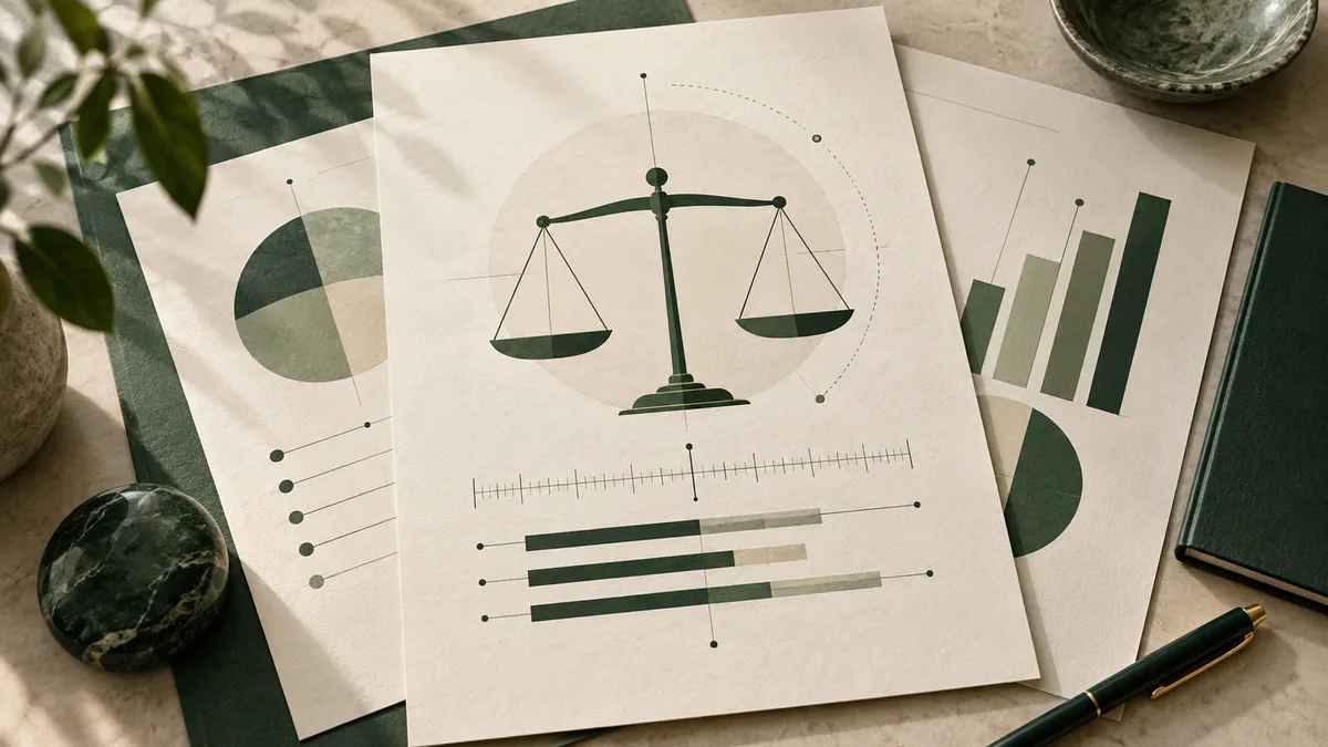 Cream report pages with a green balance scale, ruler marks, and horizontal and vertical bar charts on a desk beside a pen, a dark book, and leafy plants.