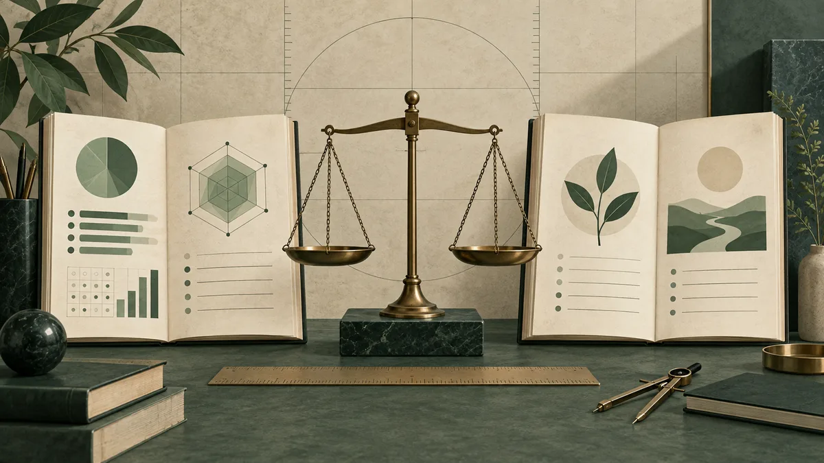 Open books with pie charts, bar charts, geometric diagrams, and leaf illustrations flank a balanced brass scale on a dark tabletop.