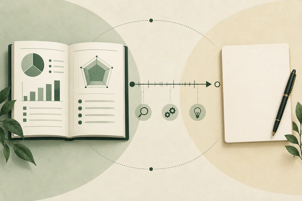 An open book of charts and geometric diagrams faces a blank notebook and pen, connected by a horizontal arrow with three circular icons below.