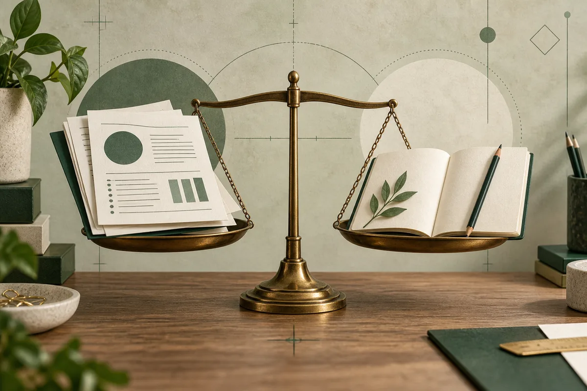 A brass balance scale holds printed chart pages on one side and an open leaf-illustrated book with a pencil on the other.