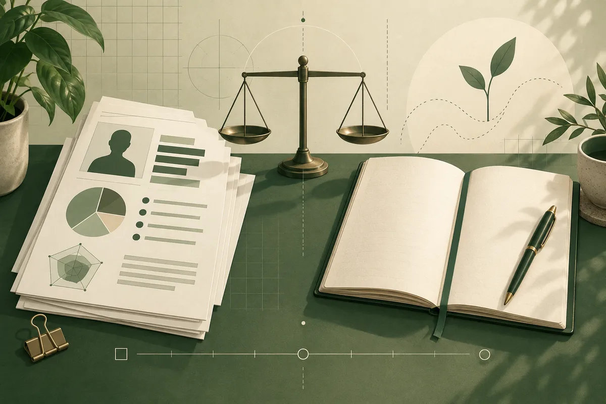 Printed pages with a silhouette icon and charts lie beside an open blank notebook and pen, with a small balance scale and plant illustrations behind them.