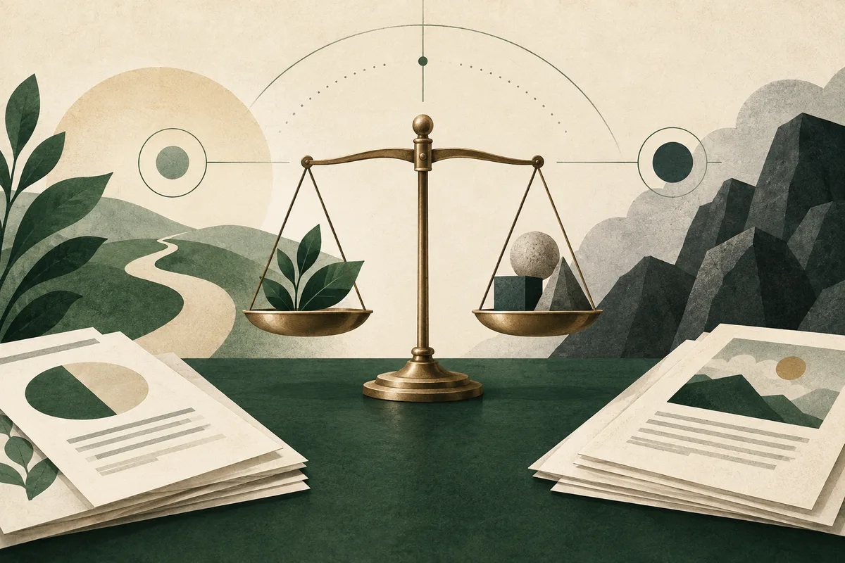 A brass balance scale stands between two stacks of papers, with green hills and a leafy plant in the background.