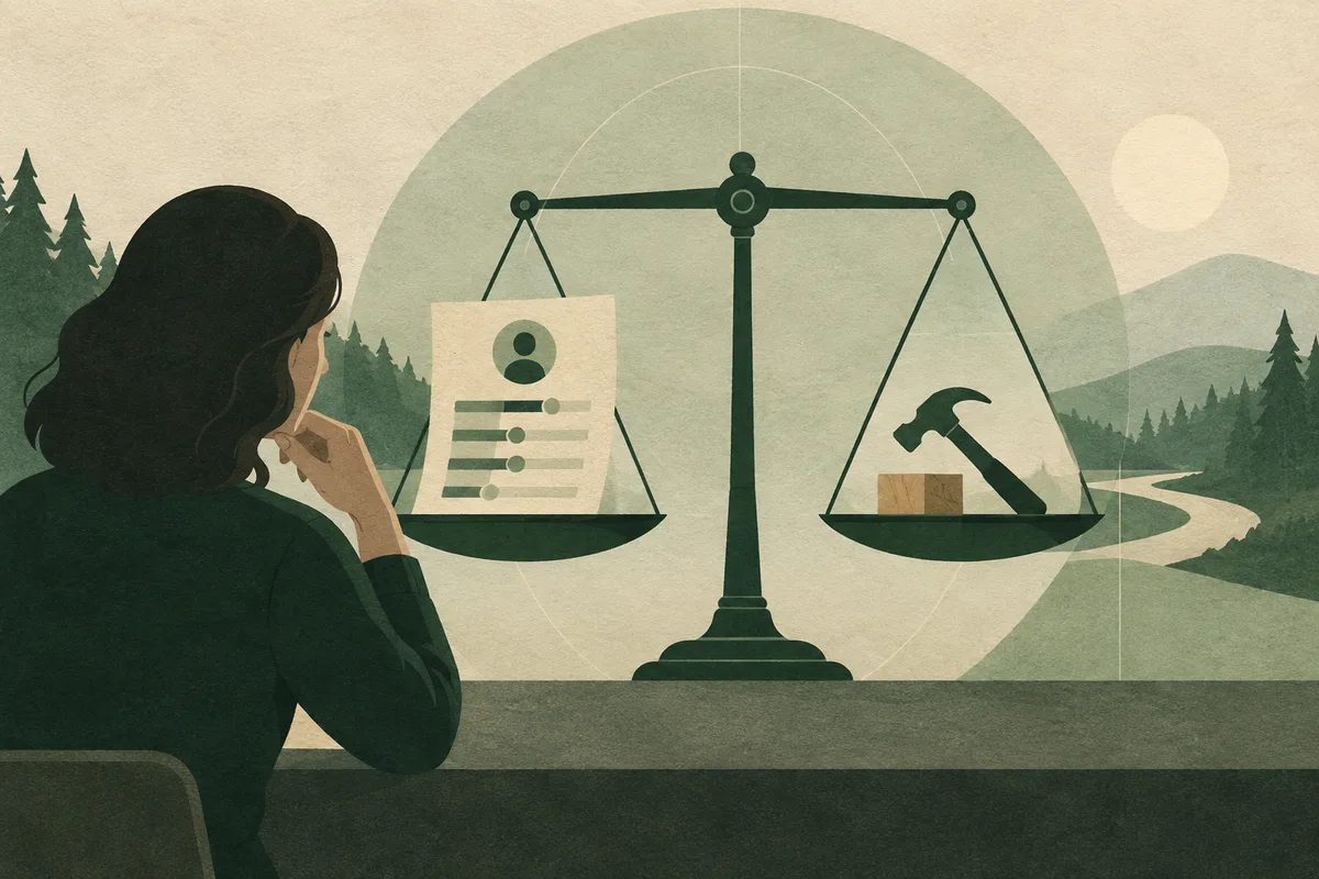 A seated figure considers a report beside a balance scale holding a profile sheet on one side and a hammer and block on the other.