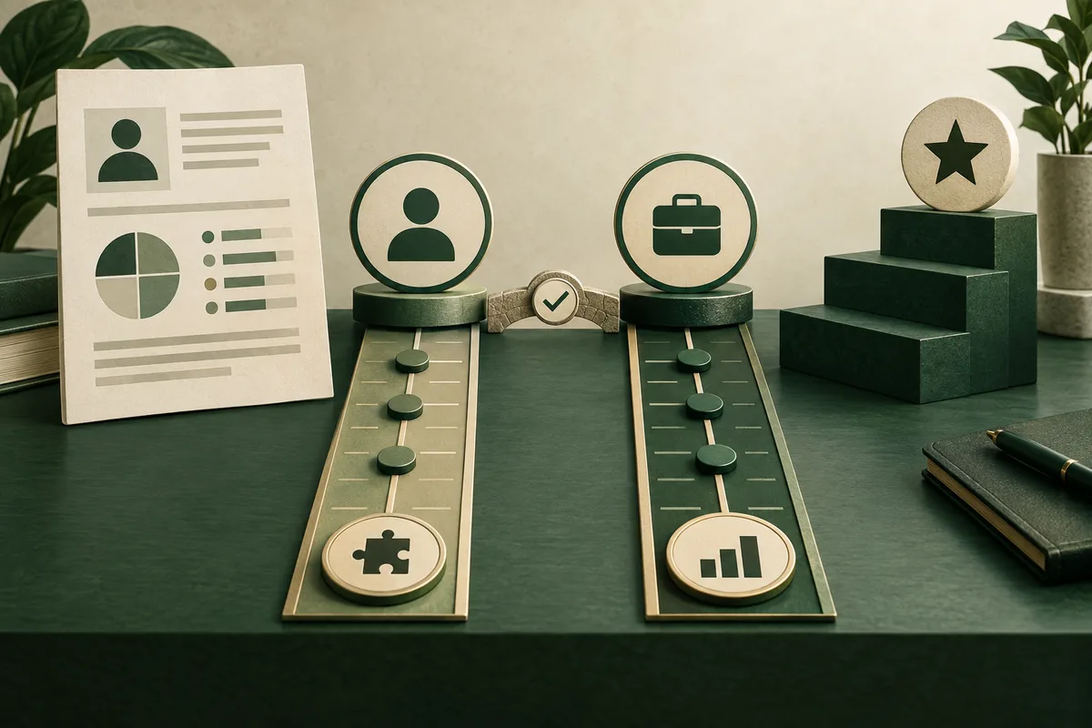 A report page with profile and chart symbols sits beside two tracks marked with person and briefcase icons, with a check mark between them.