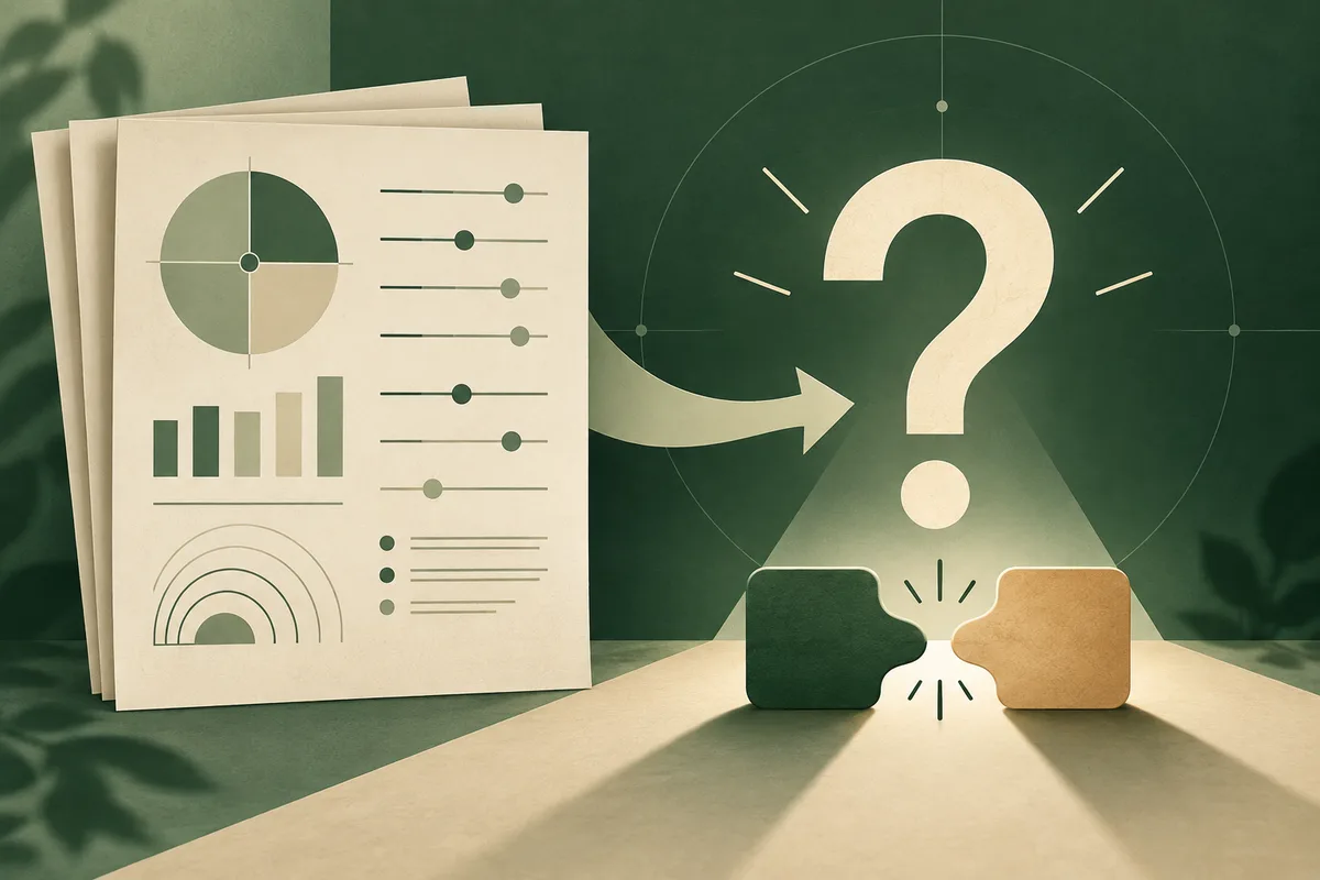 Cream report pages with charts and slider marks point toward a large question mark above two interlocking puzzle pieces.