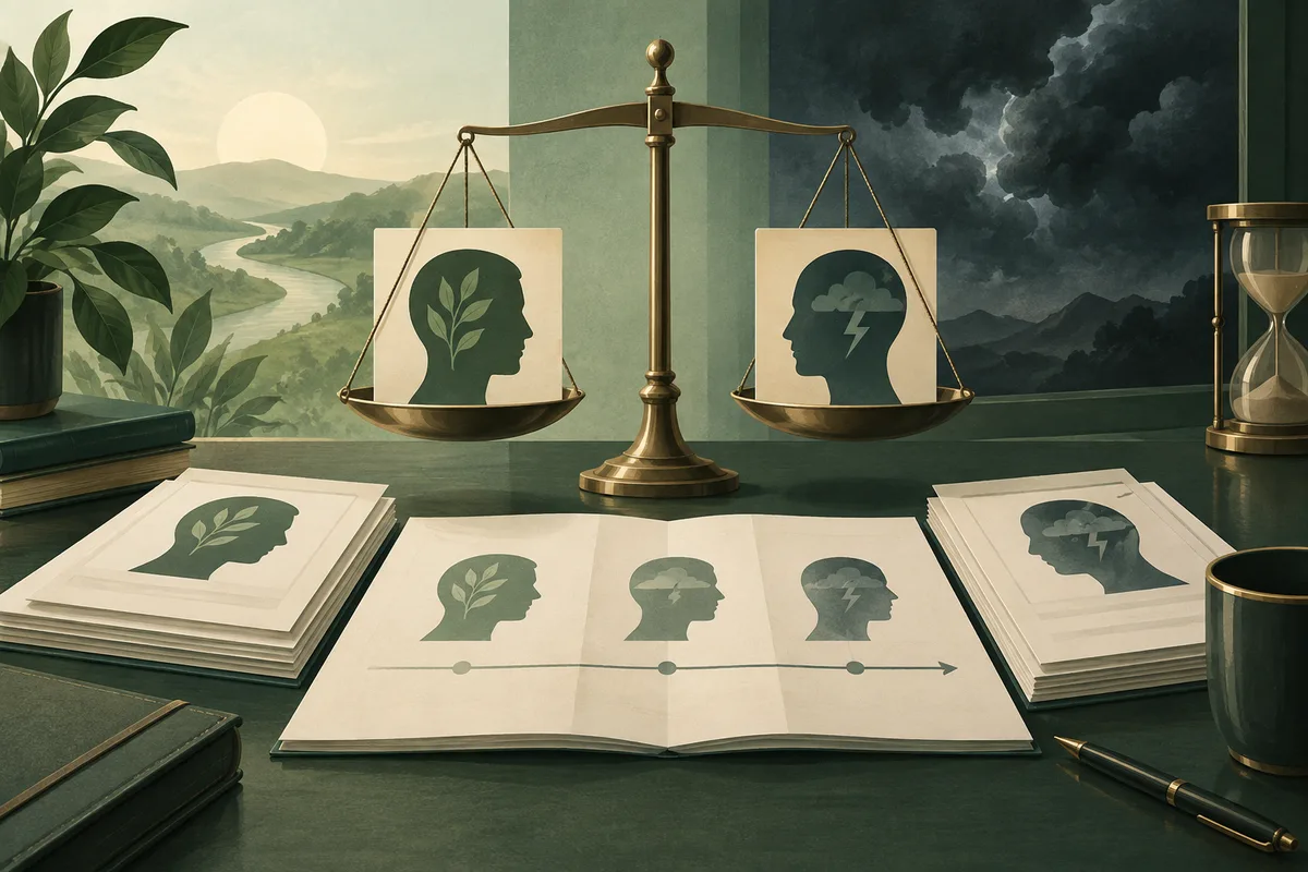Brass balance scale holds two cards with profile silhouettes, one marked by a leaf and one by a storm cloud; illustrated profile pages lie on a desk between a sunlit landscape and dark clouds.
