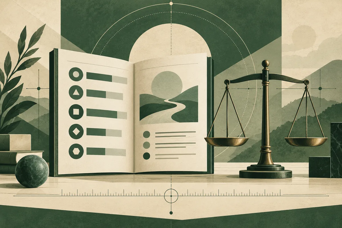 An open illustrated book with geometric symbols and a winding path, beside a balance scale and fine measurement lines against a green mountain backdrop.