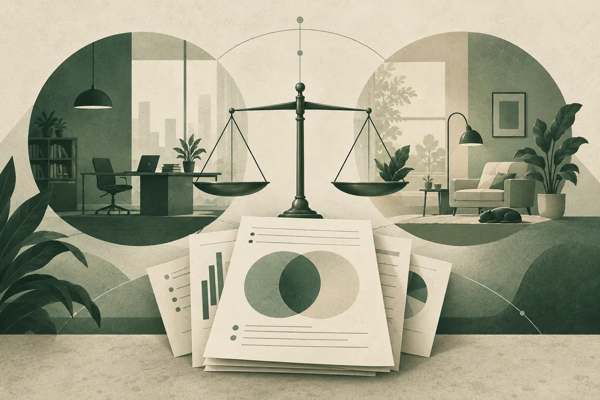 A balance scale stands above report pages with simple charts, between an office scene and a living room scene.
