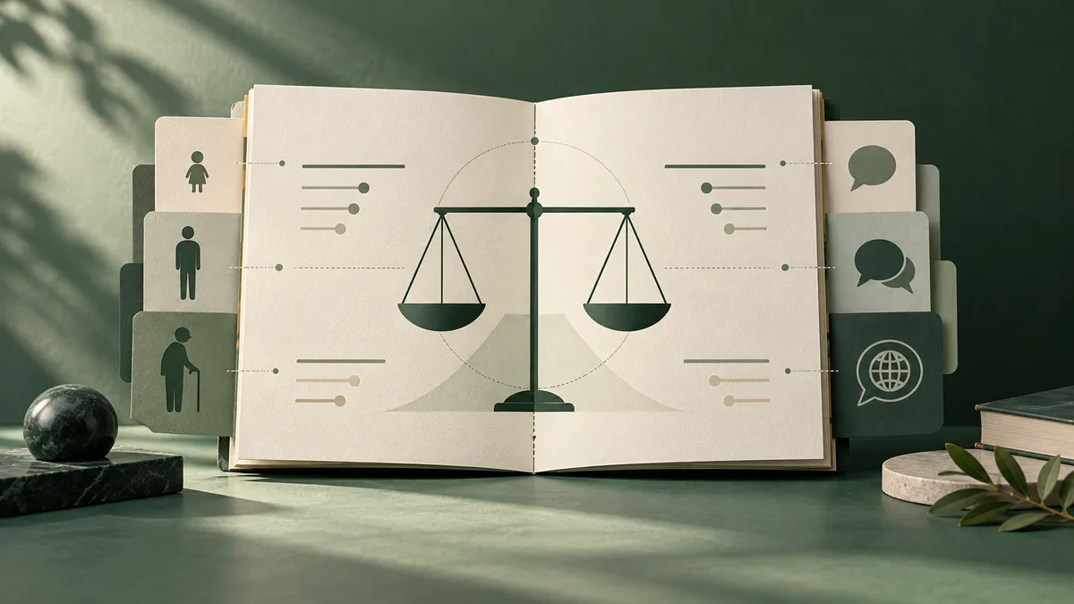 Open book with a central balance scale, profile icons on tabs at left, speech and globe icons on tabs at right, and books and a plant around it.