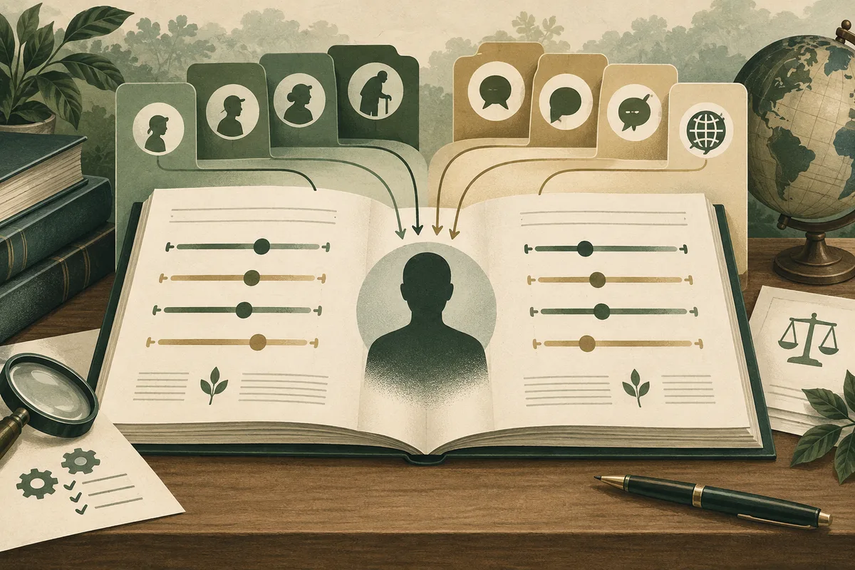 Open illustrated book with a central human silhouette, colored horizontal bars, rows of profile and speech-bubble icons above, and a globe, magnifying glass, papers, books, and pen around it.