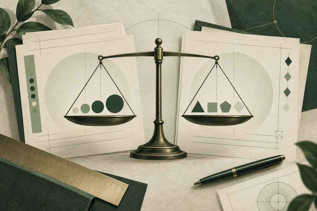 Centered balance scale between two illustrated sheets; the left sheet shows circles and the right shows geometric shapes, with a ruler and pen nearby.