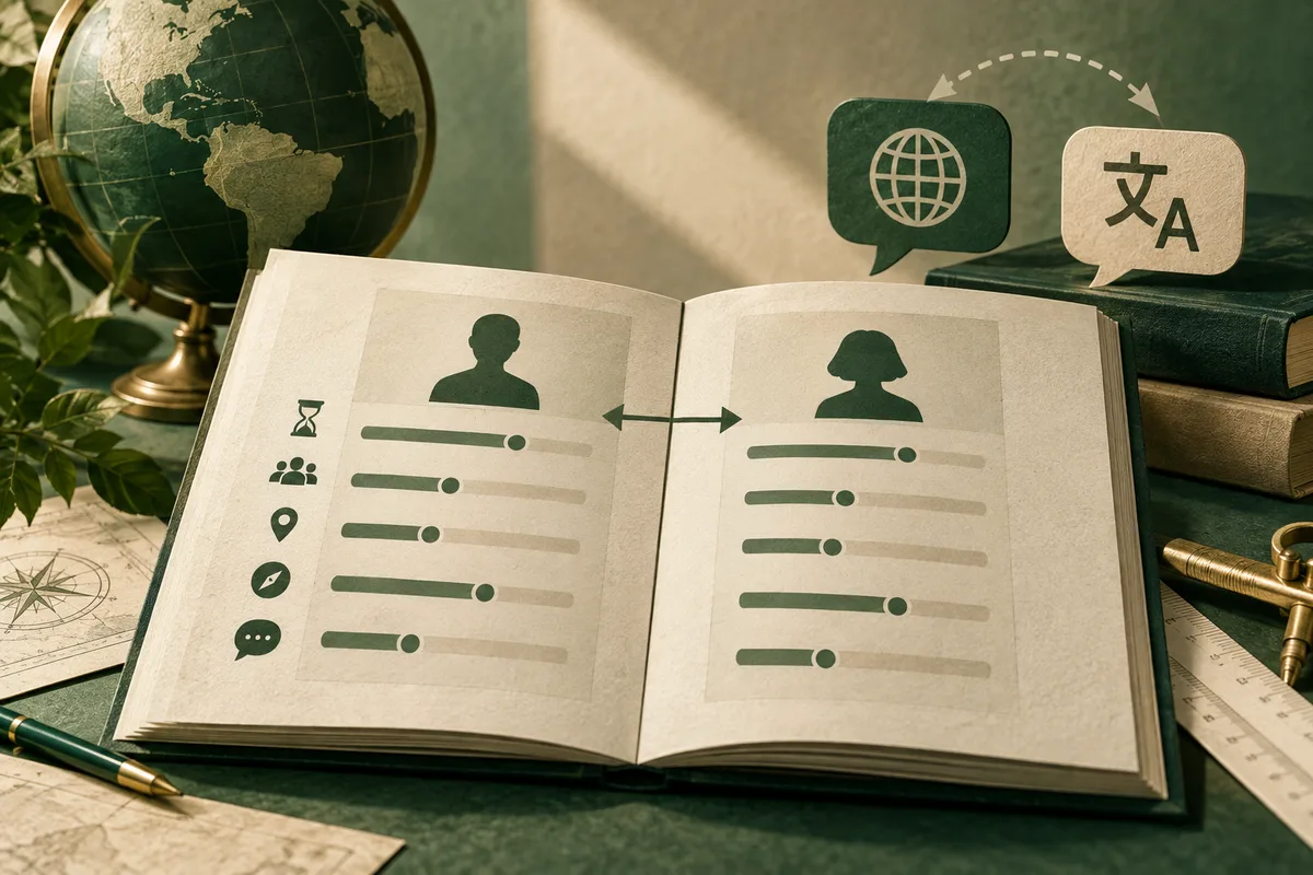 Open book showing two silhouettes facing each other with horizontal bars and arrows between them; a globe and speech bubbles with symbols appear above, with maps and measuring tools around it.
