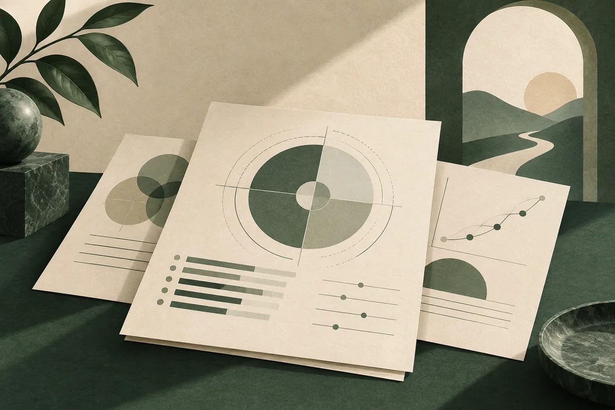 Overlapping report pages show a segmented circular chart, horizontal bars, and a rising line graph beside a potted plant and an arched landscape illustration.