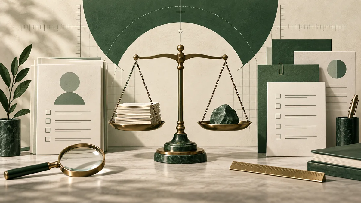 A brass balance scale stands on a desk, with a stack of papers on one side and a green stone on the other. Profile and checklist pages, a magnifying glass, ruler, books, and a potted plant surround it.