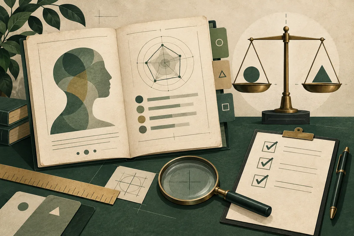 An open booklet shows an abstract profile silhouette and a radar chart with colored bars. Beside it are a balance scale, a checked clipboard, a magnifying glass, a ruler, and a pen.